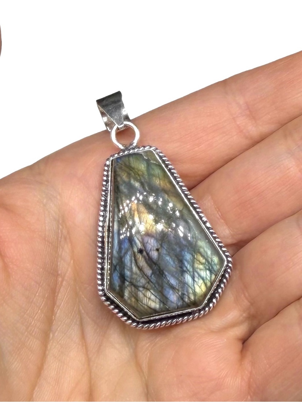 Labradorite Coffin Cut Necklace Pendant 925 Sterling Silver Overlay